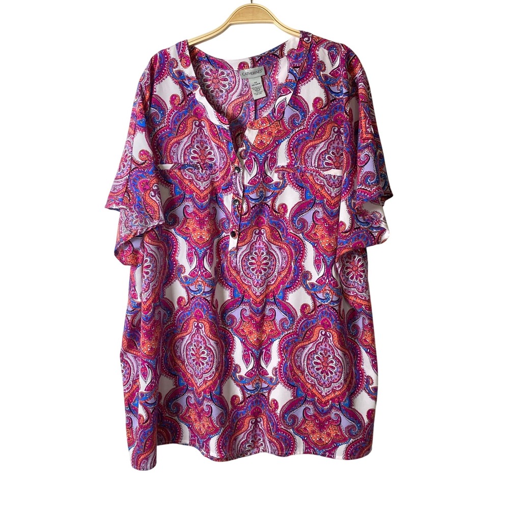 Catherines Boho Paisley Blouse Pullover Top Women 3X Pink Henley Split V-neck